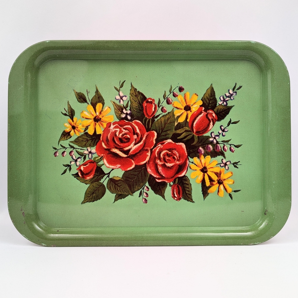 #9 Vintage Tole Painted Metal Tray Retro Floral Roses Cottage Farmhouse Country
